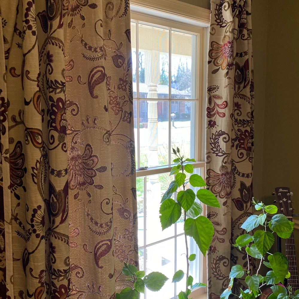 Paisley-patterned curtains.